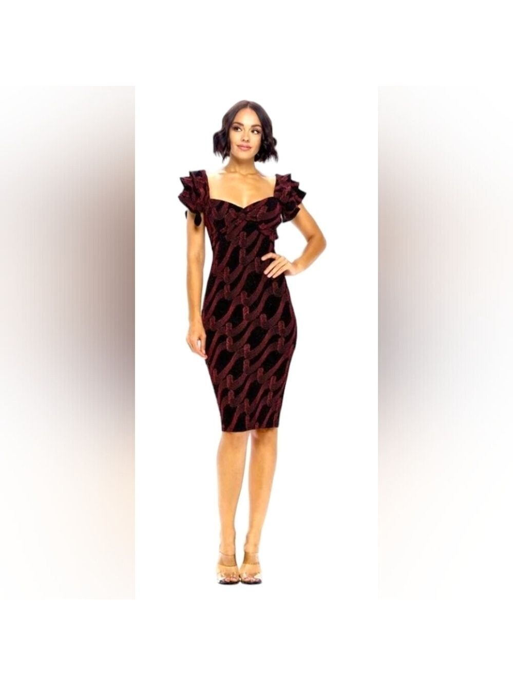 Gibiu | Embroidered Ruffle Shoulder Dress | Burgundy/Black
